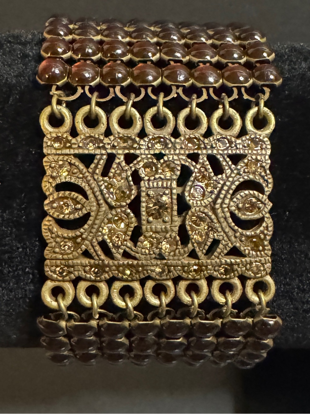 Gold-Bronze Tone Beaded Filigree Statement Bracelet with Amber Crystals